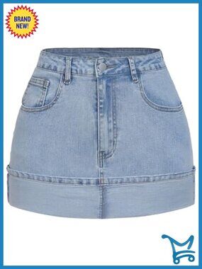 Low Waisted Denim Mini Skirt Folded Cuff Hem Jean Skirt